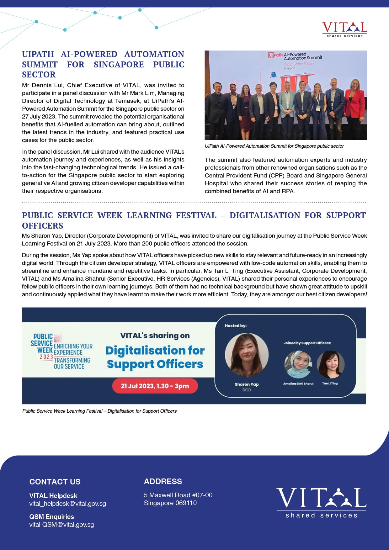 Newsletter about UiPath AI-Powered Automation Summit and Public Service Week Learning Festival by VITAL shared services.